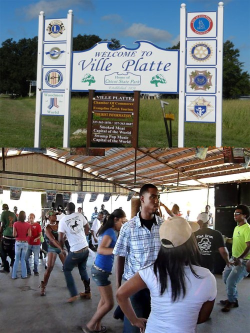 Welcome sign for Ville Platte, Louisiana, with people dancing at a local event underneath.
