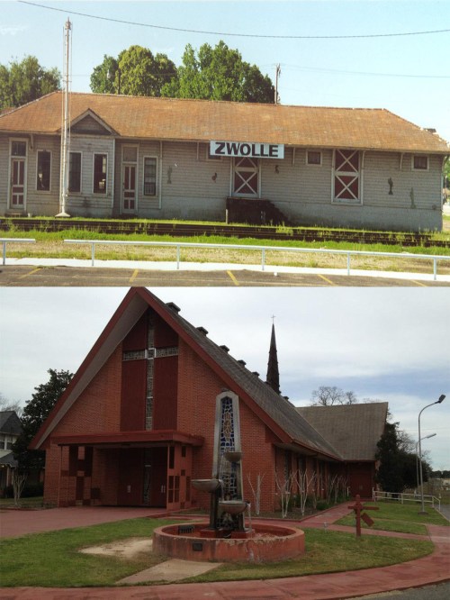 Two images: the top shows a wooden building labeled "Zwolle," and the bottom features a modern brick church with a fountain.