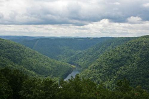 A scenic view of a lush green valley with a winding river under a cloudy sky.