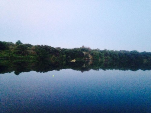 A calm lake at dusk, reflecting trees and a yellow object on the water's surface.
