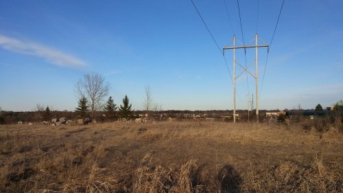 A wide, open field with dry grass, scattered trees, and power lines against a clear blue sky.