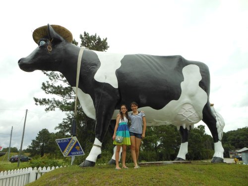 Two girls stand beside a large black and white cow statue wearing a hat, with trees and a sign in the background.