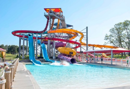 Colorful water slides at a water park, with a pool and people enjoying the sunny day.