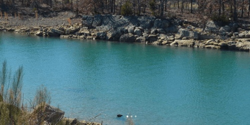 A serene turquoise lake surrounded by rocky shores and sparse trees under a clear blue sky.