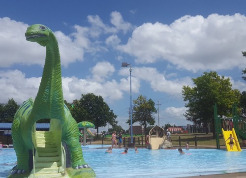 A colorful dinosaur slide beside a pool with children playing, under a bright blue sky with fluffy clouds.