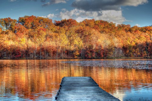 A wooden dock extends into a calm lake, surrounded by vibrant autumn foliage reflecting in the water.