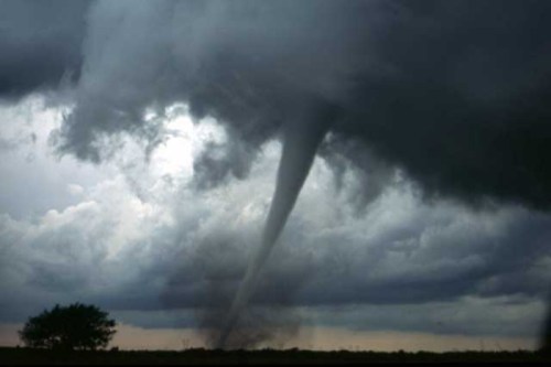A tornado descends from dark, stormy clouds over a flat landscape with a lone tree in the foreground.