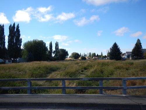 A view of a grassy area with trees and houses in the background under a blue sky with scattered clouds.