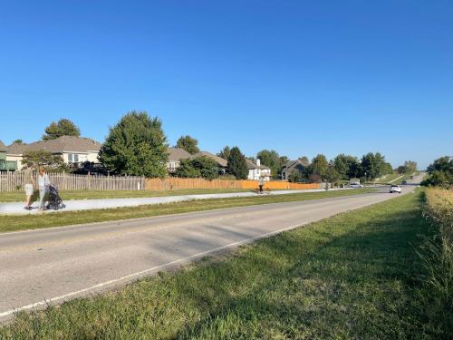 A wide road lined with houses and trees, with pedestrians walking and cars passing by under a clear blue sky.
