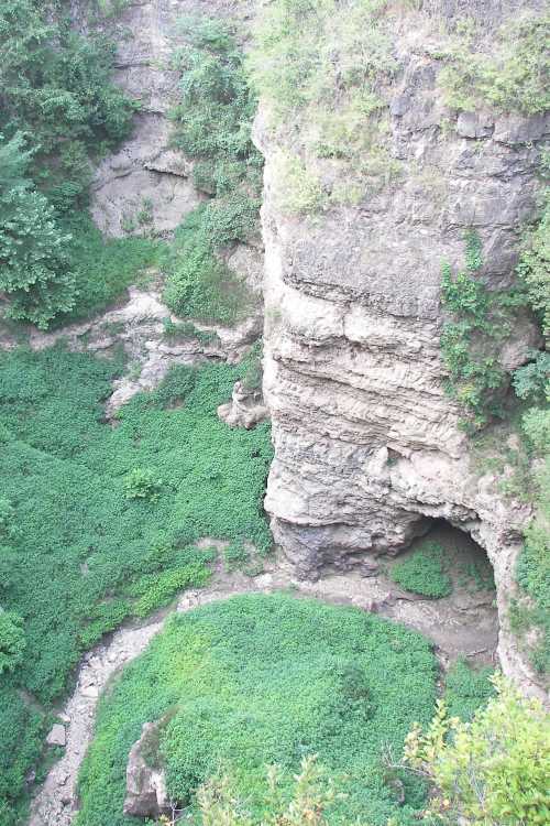 A rocky cliff surrounded by lush green vegetation, with a winding path leading to a cave entrance below.