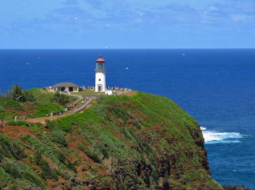 A scenic view of a lighthouse on a green cliff overlooking the ocean, with people walking along the path.