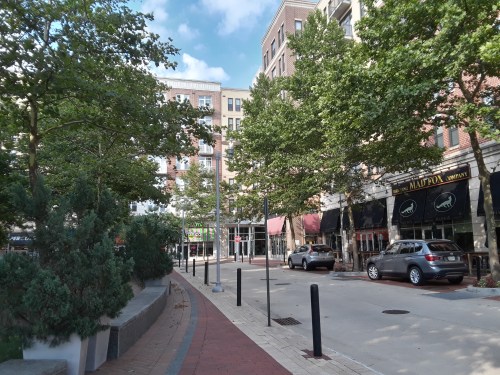 A tree-lined street with shops and parked cars under a blue sky, featuring a mix of greenery and urban architecture.