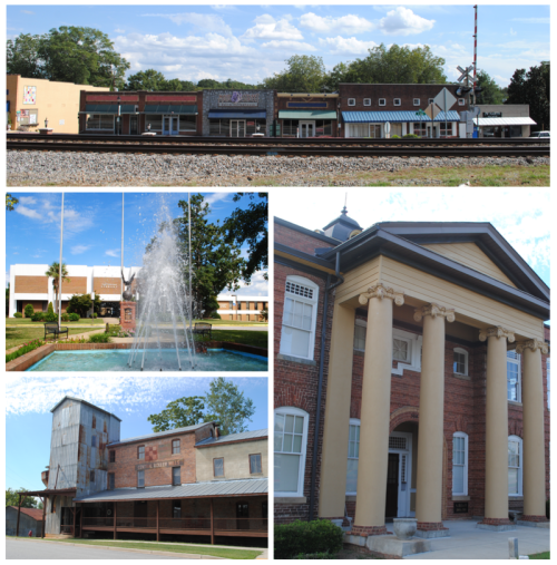 Collage of small-town buildings, including shops, a fountain, and a historic courthouse, with a train track in the background.
