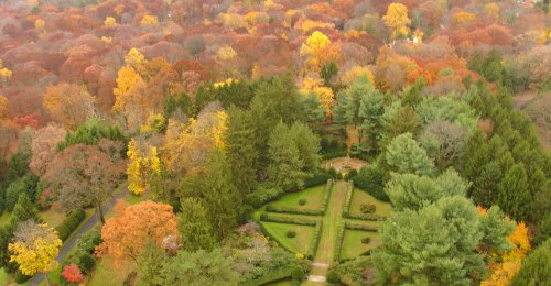 Aerial view of a vibrant autumn landscape with colorful trees and a neatly arranged garden in the center.