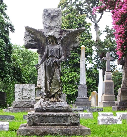 A stone angel statue stands in a cemetery, surrounded by gravestones and trees, with the name "BROWN" at its base.