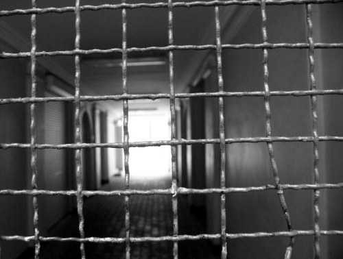 A black and white image of a corridor viewed through a metal grid, creating a sense of confinement.