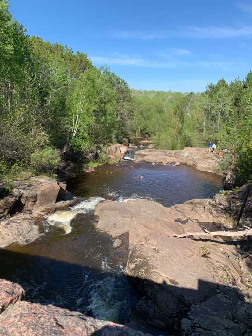 A serene river flows over rocky terrain, surrounded by lush green trees under a clear blue sky.