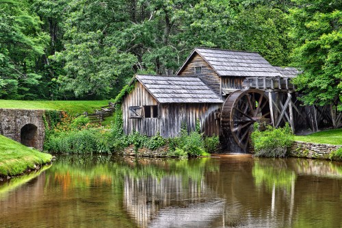 A rustic wooden mill with a water wheel beside a calm pond, surrounded by lush greenery and trees.