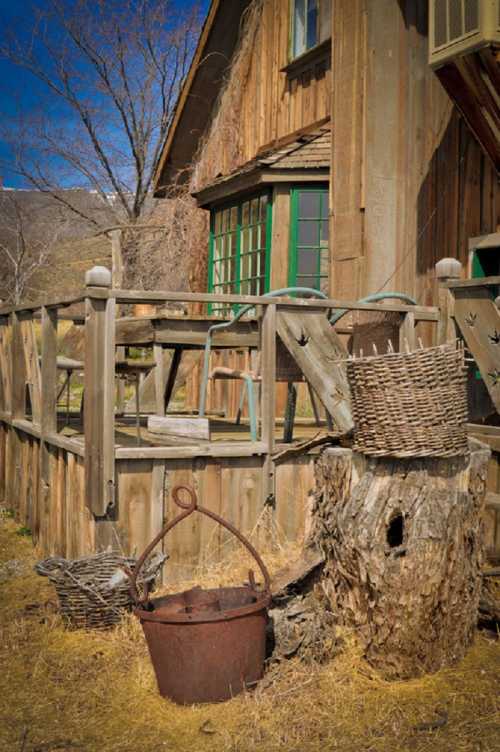 A rustic wooden house with green windows, a wooden deck, and a weathered bucket beside a tree stump.