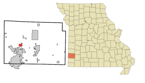 Map showing the location of a city in Missouri, highlighted in red, with surrounding areas in light gray and yellow.