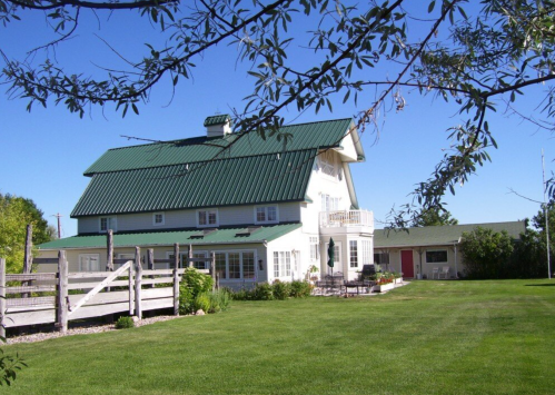 A large white house with a green metal roof, surrounded by a lush lawn and trees under a clear blue sky.