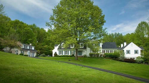 A spacious green lawn with a large tree and two white houses surrounded by lush greenery under a blue sky.