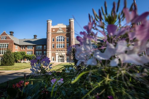 A brick building with a large front entrance, framed by colorful flowers in the foreground and a clear blue sky.