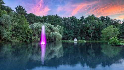 A serene lake at sunset, featuring a colorful fountain and lush greenery surrounding the water.