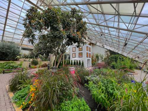 A lush greenhouse filled with vibrant plants and a small, whimsical house structure in the center.