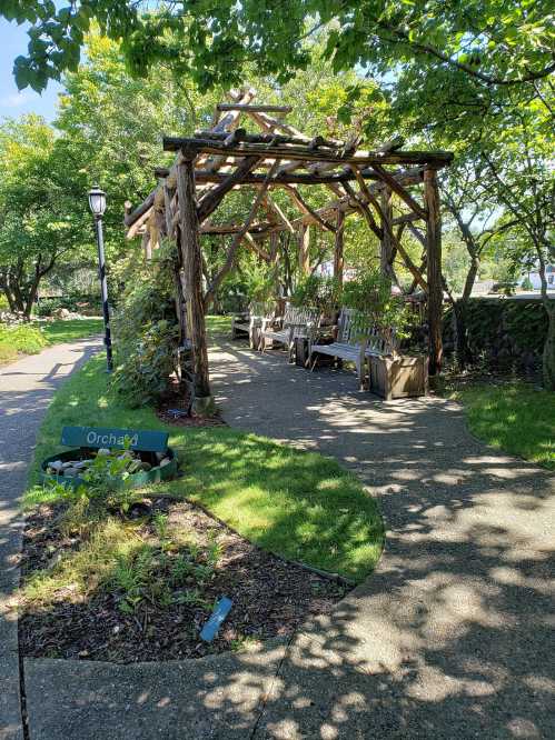 A rustic wooden arbor with benches in a sunny park, surrounded by trees and greenery.