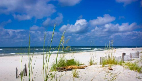 A serene beach scene with white sand, gentle waves, and tall grass under a blue sky with fluffy clouds.
