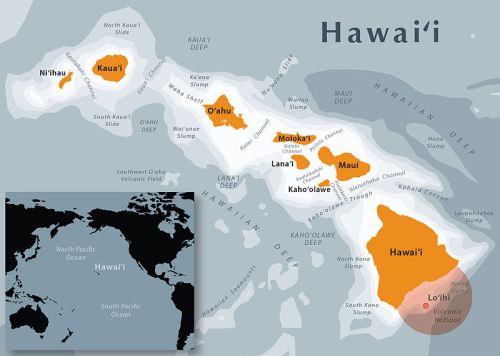 Map of Hawaii showing the islands and their locations, with a smaller inset map highlighting Hawaii's position in the Pacific.