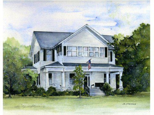 A watercolor painting of a two-story house with a porch, surrounded by greenery and featuring an American flag.