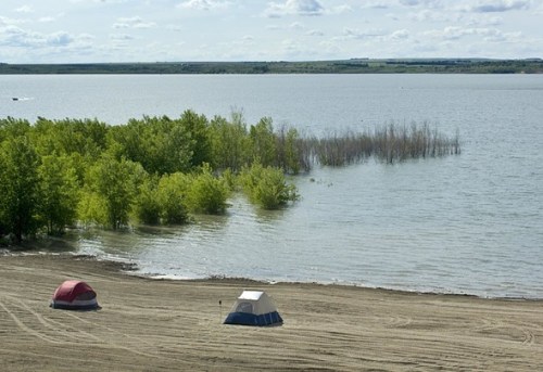Two tents on a sandy beach by a calm lake, surrounded by green trees and a distant line of water plants.