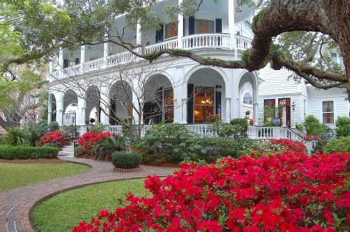 A charming white house with arched porches, surrounded by vibrant red flowers and lush greenery.