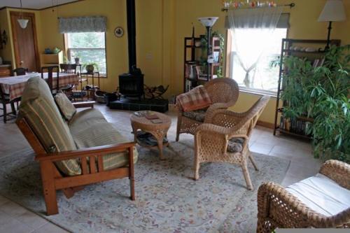 Cozy living room with a green sofa, wicker chairs, a coffee table, and a wood stove, surrounded by bookshelves and plants.