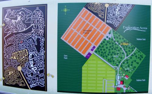 A map featuring a maze design and layout of Exploration Acres, including fields and attractions.
