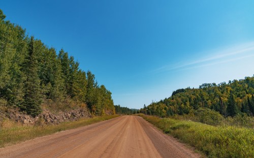 A dirt road stretches through a lush green landscape under a clear blue sky. Trees line both sides of the road.