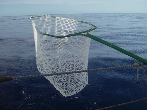 A fishing net suspended over calm ocean waters, with a clear blue sky in the background.