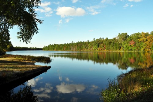 A serene lake reflects a clear blue sky and colorful autumn trees along the shore.