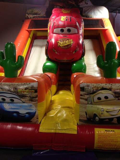 A colorful inflatable slide featuring a red race car and cartoon characters, with cactus decorations on the sides.