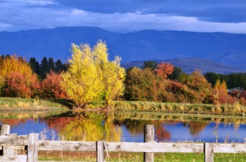 A serene landscape featuring a colorful autumn scene with a pond reflecting vibrant trees and mountains in the background.