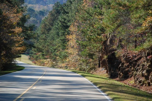 A winding road surrounded by trees with autumn foliage and rocky outcrops on the side.