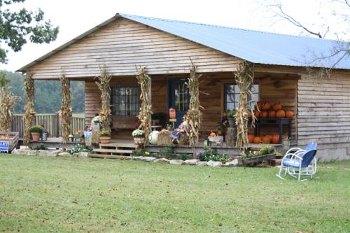 A rustic wooden house with corn stalks and pumpkins on the porch, surrounded by a grassy yard.