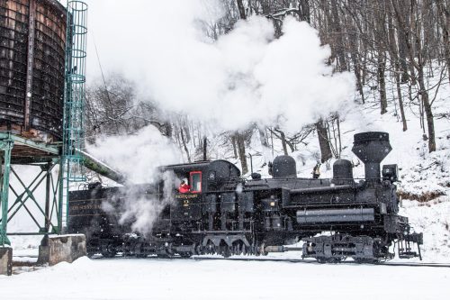 A vintage steam locomotive billows smoke in a snowy landscape, next to a water tower.