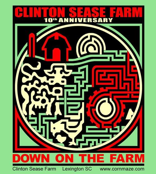 Colorful maze design celebrating the 10th anniversary of Clinton Sease Farm, featuring a house and tractor motifs.