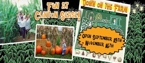 A vibrant farm scene featuring kids among corn, pumpkins, and a sign for Clinton Sease Farm's fall activities.
