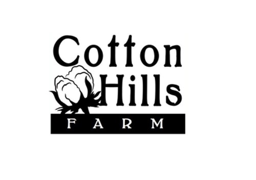 Logo for Cotton Hills Farm featuring cotton plants and bold text.