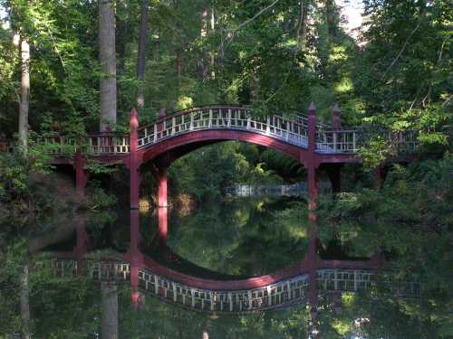 A red wooden bridge arches over a calm, reflective pond surrounded by lush green trees.