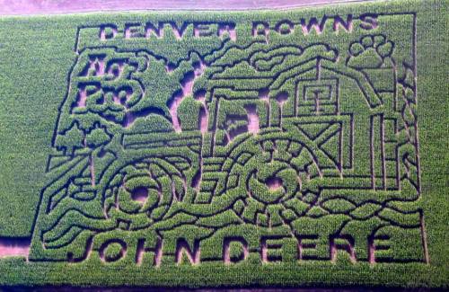 Aerial view of a corn maze featuring a John Deere tractor design and the text "Denver Downs."